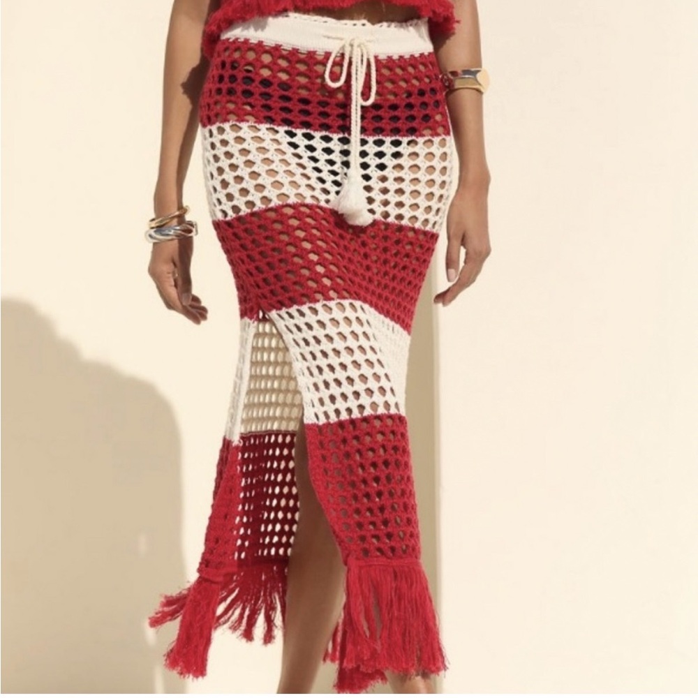 Farm Rio Red Striped Crochet Skirt